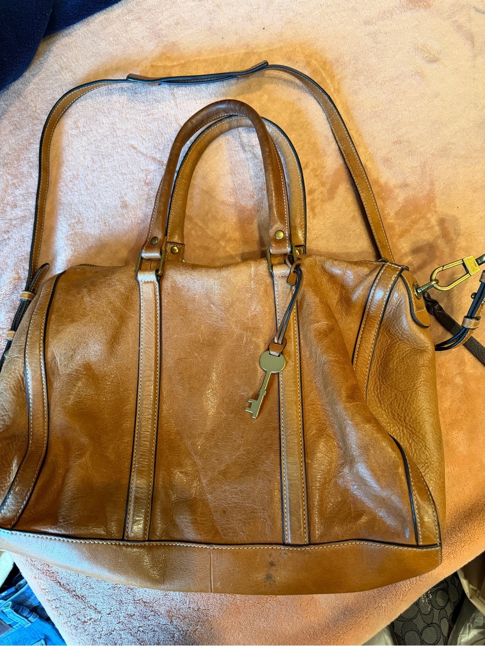Fossil Tan Leather Satchel with Key Charm